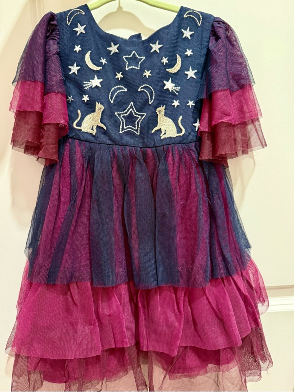 Mini Boden Navy and Magenta Tulle Dress with Cat & Star Embroidery